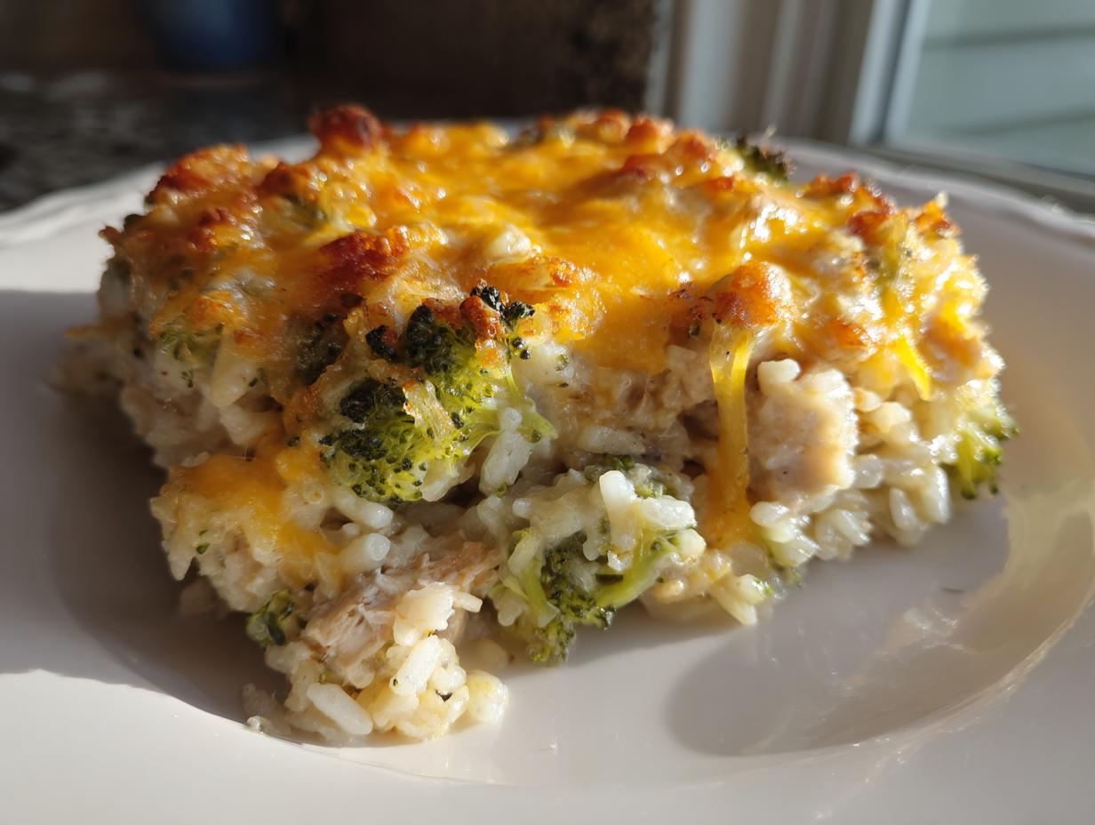 A close-up of a serving of creamy rice casserole mixed with broccoli florets and topped with melted, browned cheddar cheese.