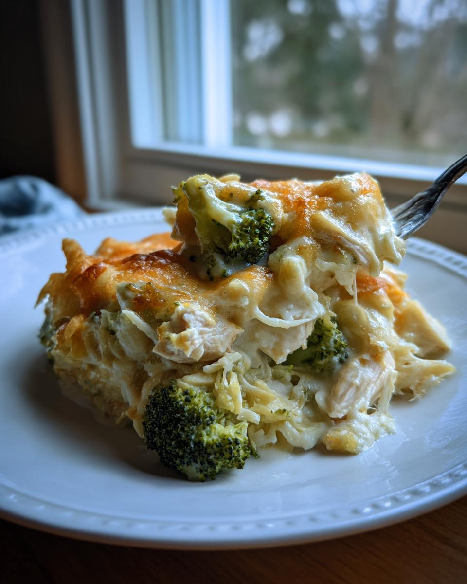 A fork lifts a creamy, cheesy portion of Chicken Divan casserole featuring chicken and bright green broccoli florets.