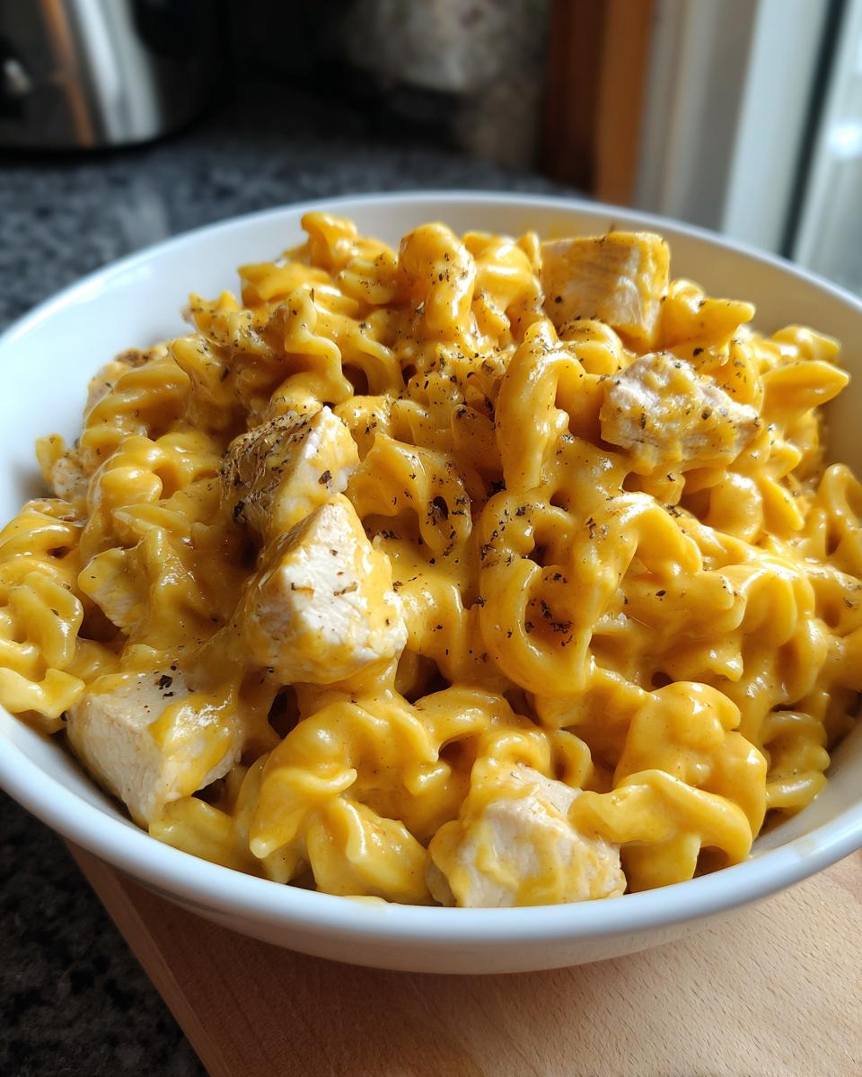 Close-up of a white bowl filled with creamy, bright yellow cheesy chicken pasta, topped with cracked black pepper.
