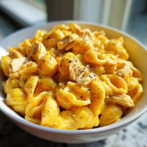 Close-up of a bowl filled with creamy, bright orange cheesy chicken pasta topped with cracked black pepper.