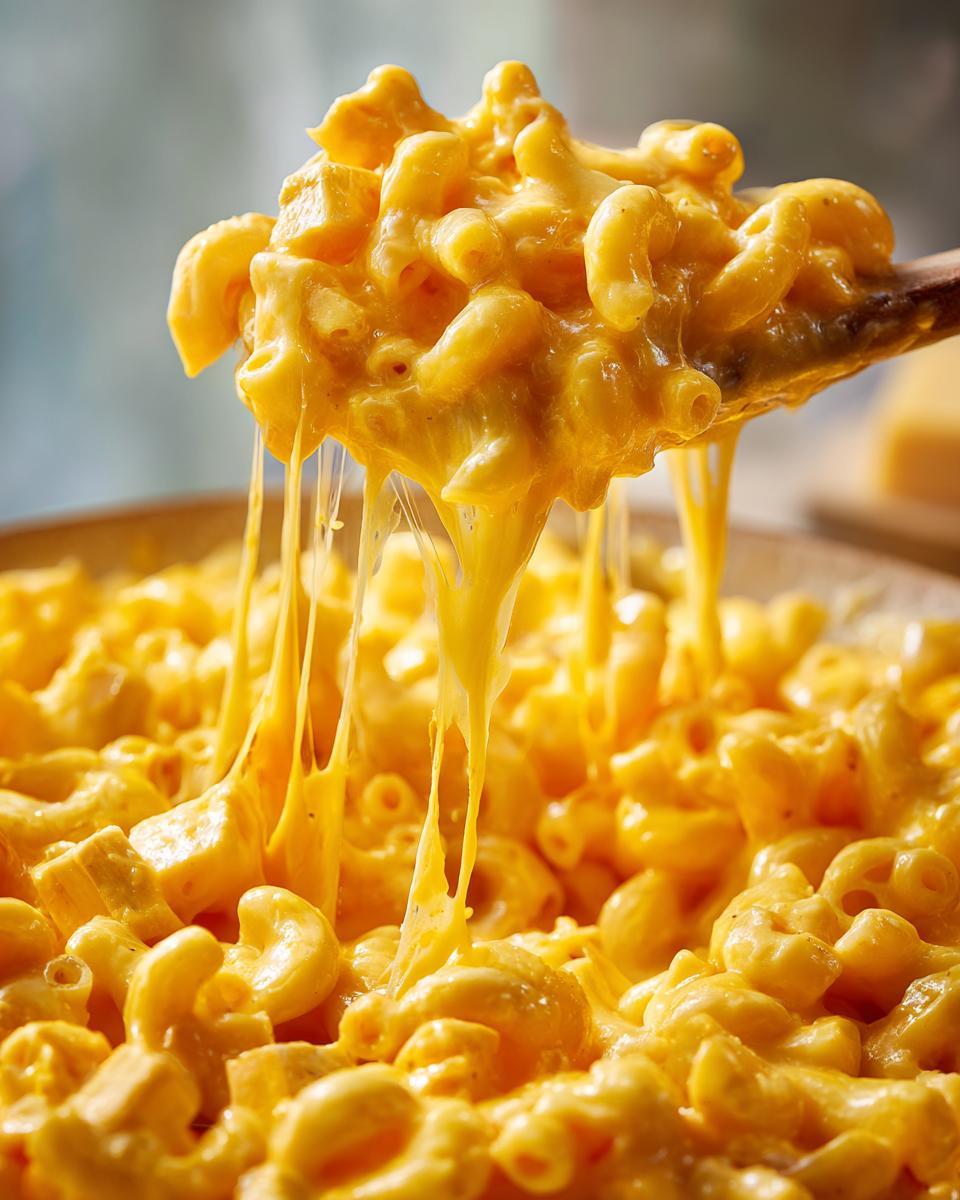A wooden spoon lifts a portion of cheesy chicken pasta, showing long, gooey cheese pulls.