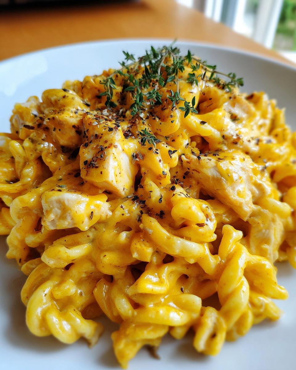 Close-up of a bowl of creamy, bright orange cheesy chicken pasta topped with fresh thyme sprigs.