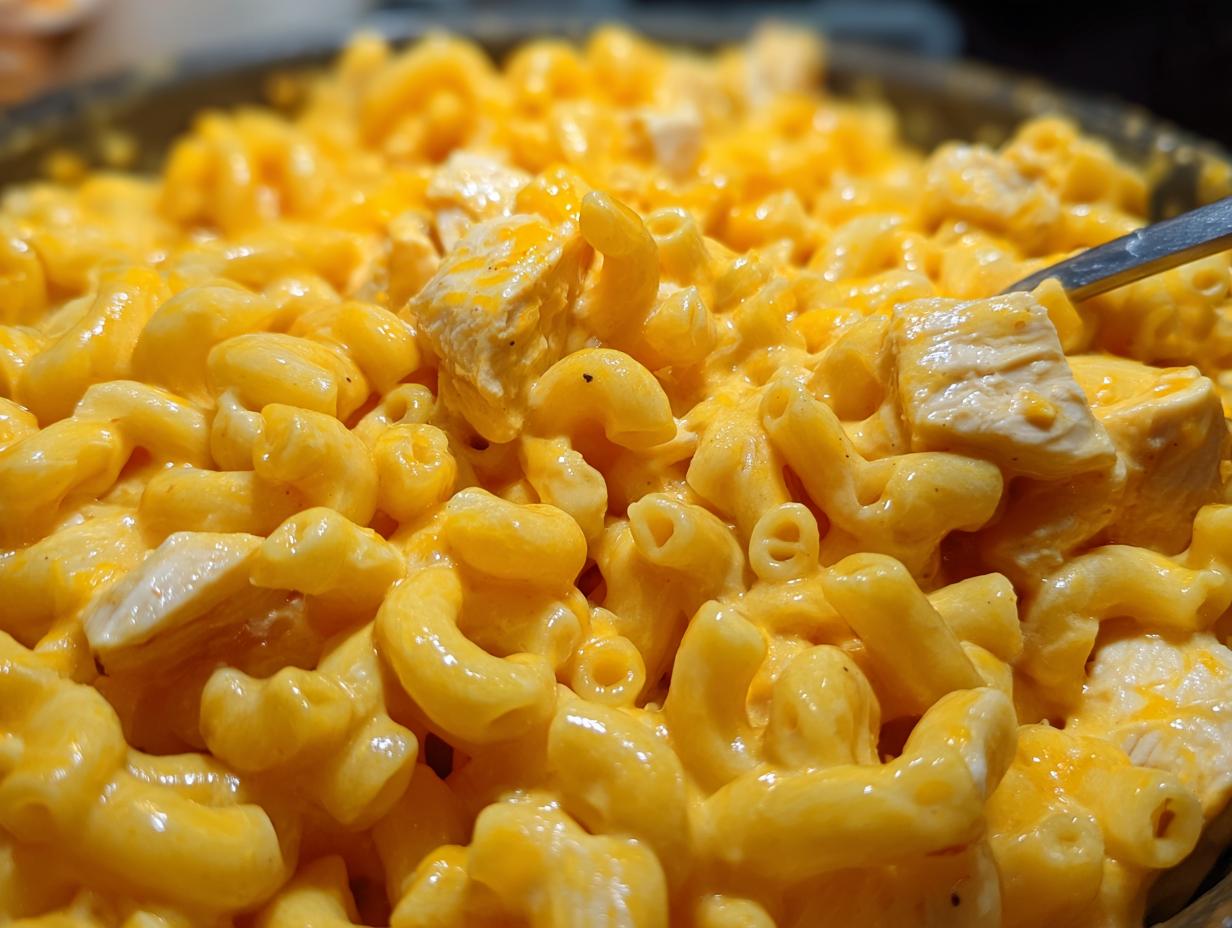 A close-up view of creamy, bright orange cheesy chicken pasta featuring elbow macaroni and chunks of white chicken breast.