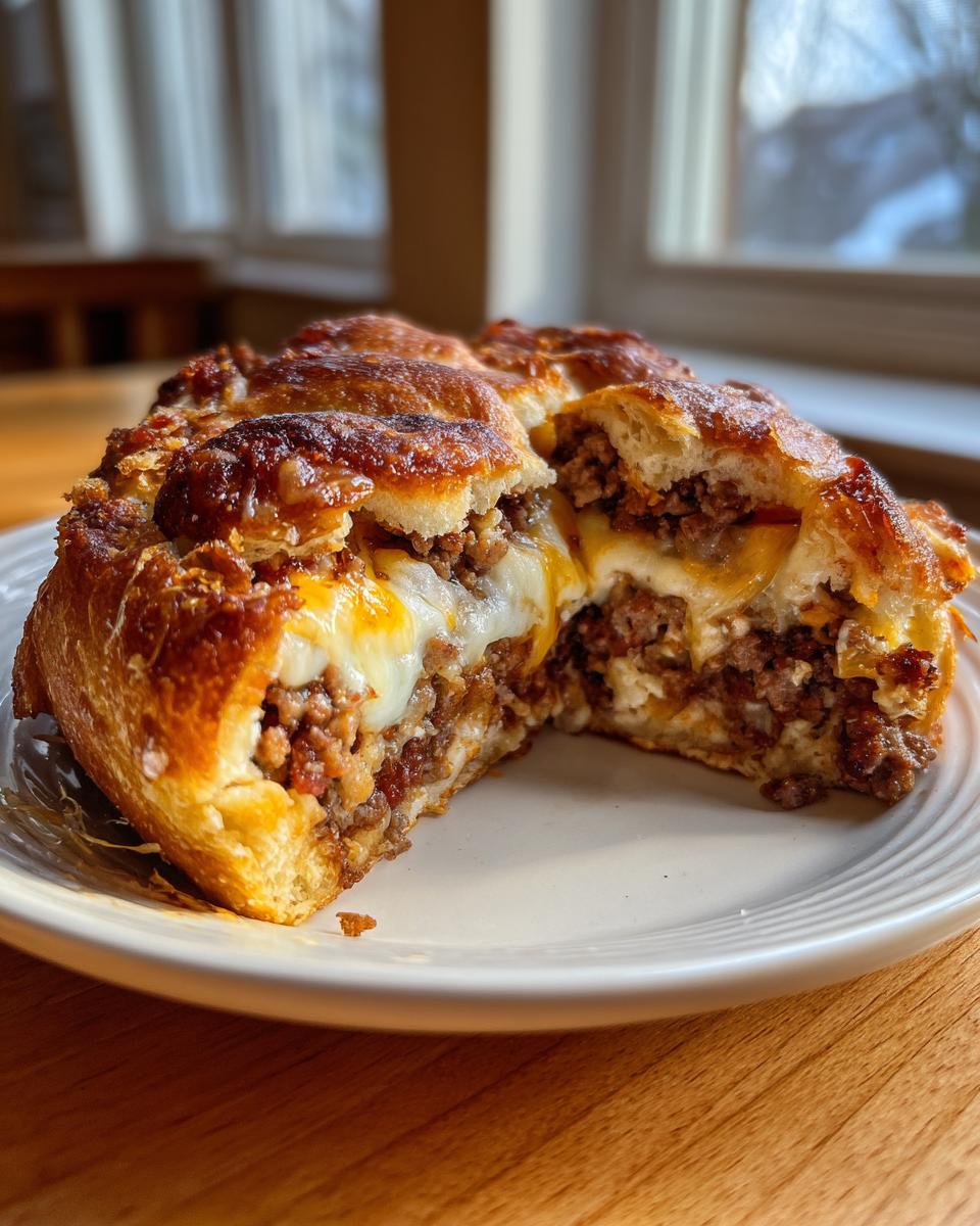 A cross-section view of a baked garbage bread stuffed with seasoned ground meat and melted cheese.
