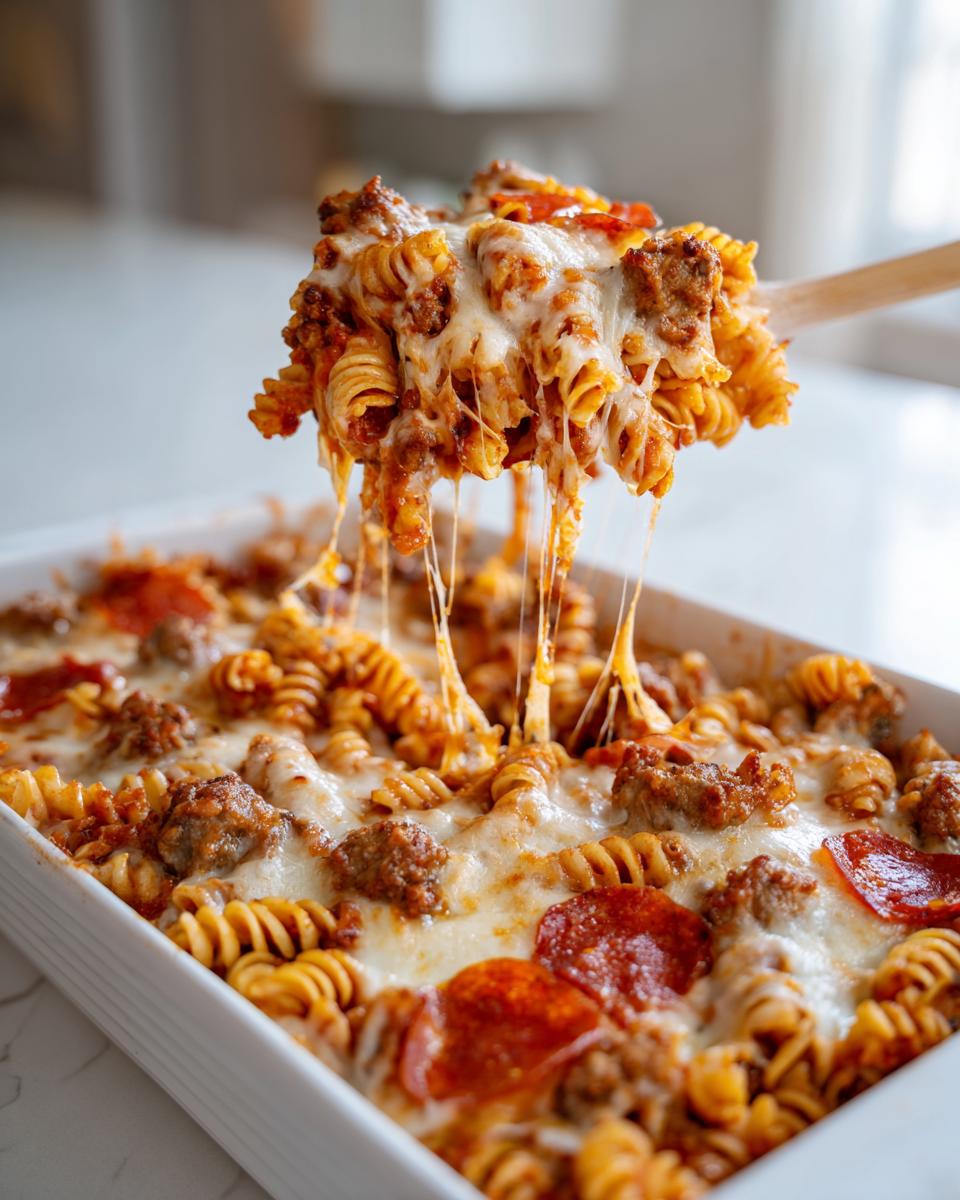 A wooden spoon lifts a cheesy, saucy portion of pizza pasta, showing extreme cheese pull over the casserole dish.