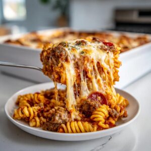 A serving of cheesy pizza pasta being lifted out of a dish, showing long, stretchy mozzarella cheese pulls.