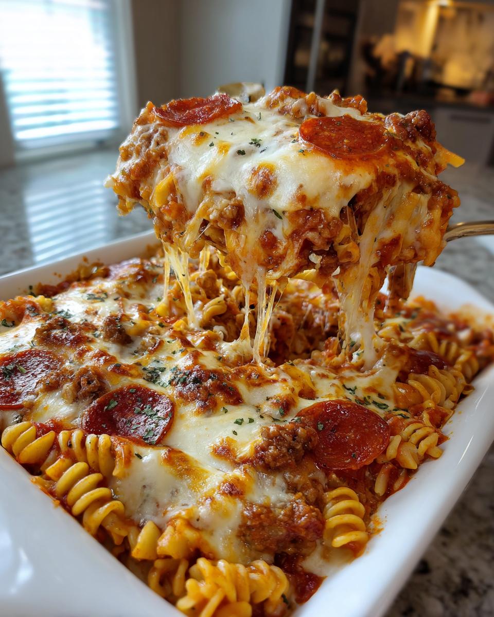 A serving spoon lifts a cheesy portion of baked pizza pasta, showing extreme cheese pull and pepperoni slices.