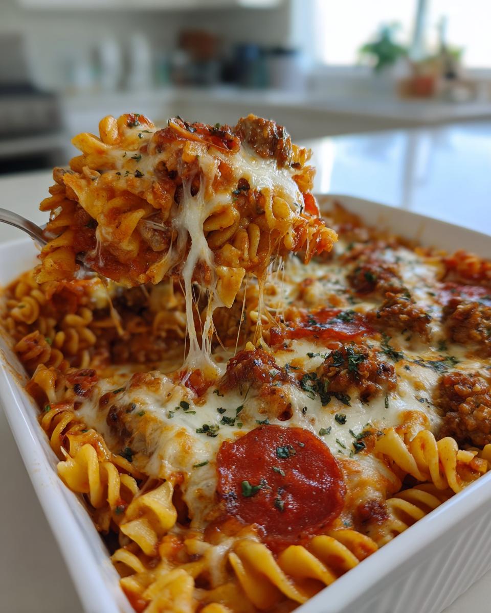 A fork lifts a cheesy, saucy portion of pizza pasta, showing long cheese pulls over the baked casserole.