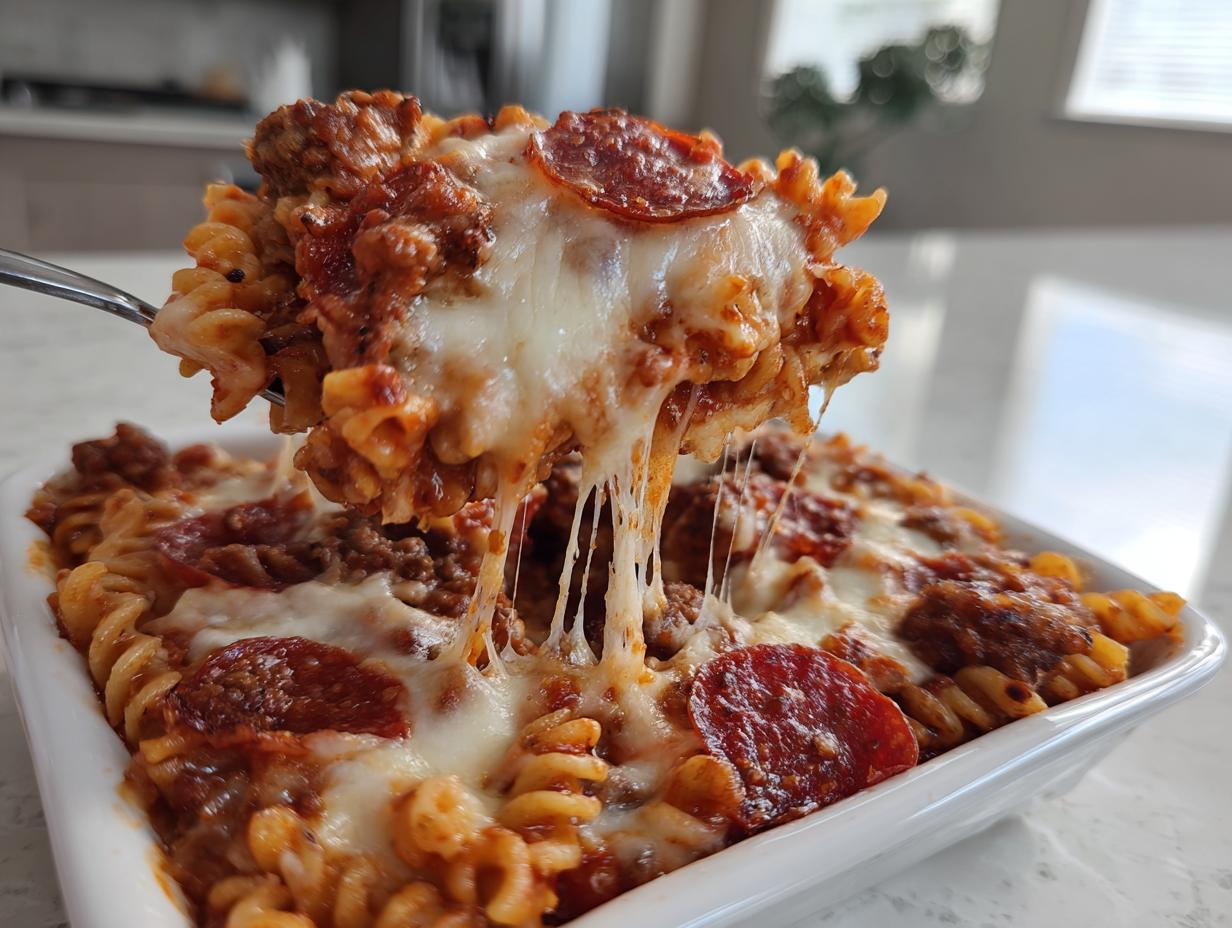 A fork lifts a cheesy portion of pizza pasta, showing long cheese pulls over the baked pizza pasta dish.