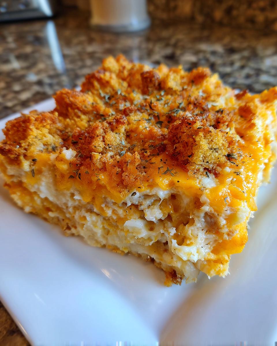 A close-up of a square slice of cheesy potato casserole topped with a golden, crunchy breadcrumb layer and herbs.