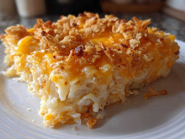 A close-up view of a serving of creamy potato casserole topped with melted cheddar cheese and crispy fried onions.