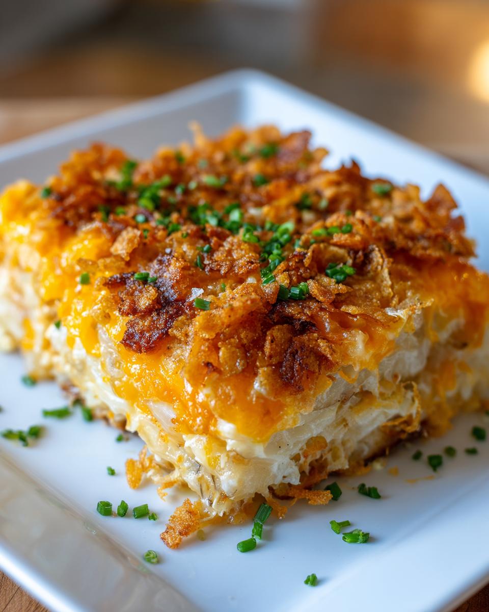 A close-up of a square serving of cheesy potato casserole topped with crispy fried onions and fresh chives.