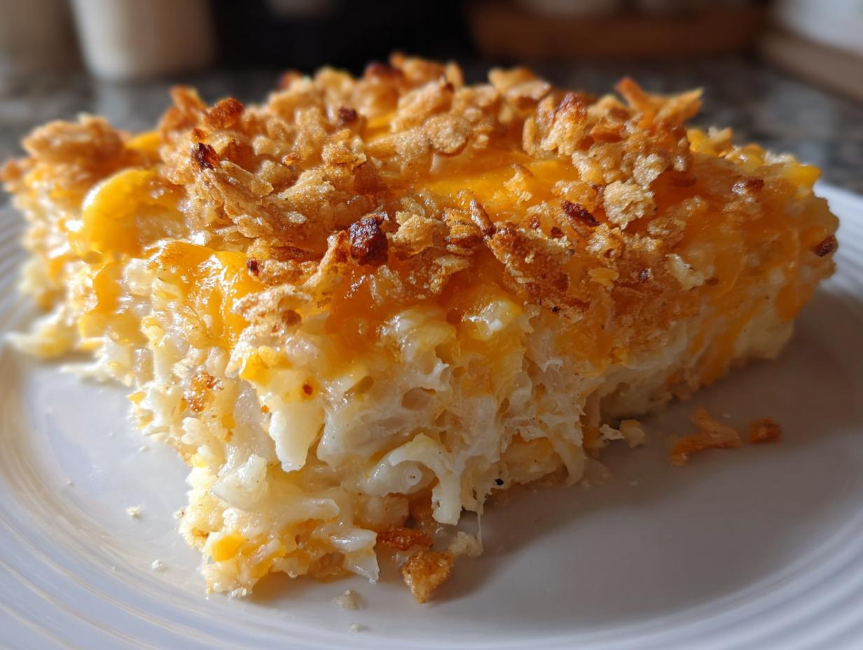 A close-up view of a serving of creamy potato casserole topped with melted cheddar cheese and crispy fried onions.