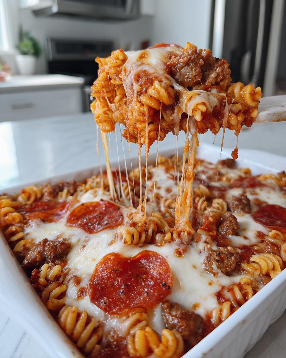 A spoonful of cheesy pizza pasta is lifted from a baking dish, showing long, melted cheese pulls over pepperoni and meat sauce.