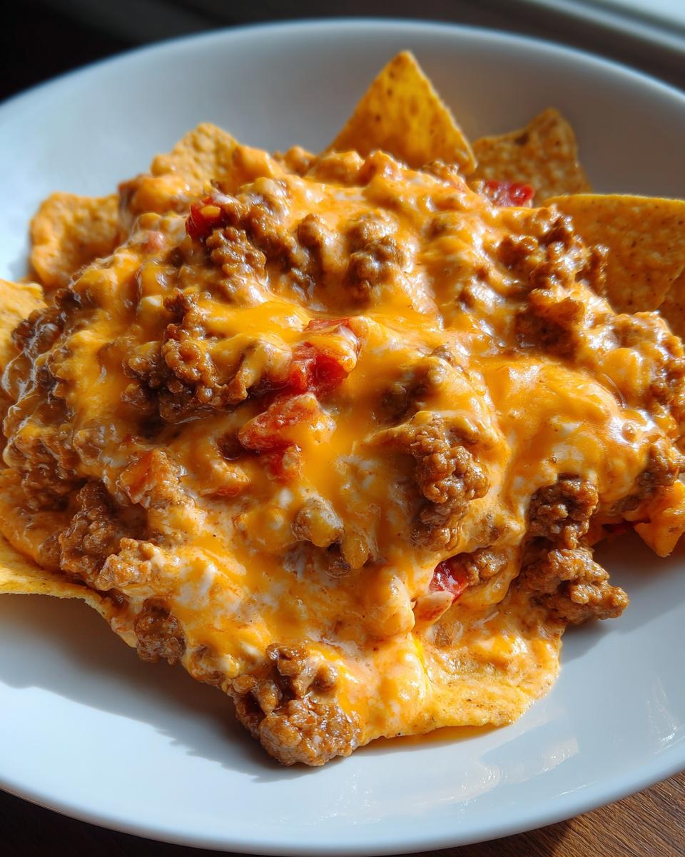 Close-up of hot, cheesy rotel dip loaded with ground meat and tomatoes served over tortilla chips in a white bowl.