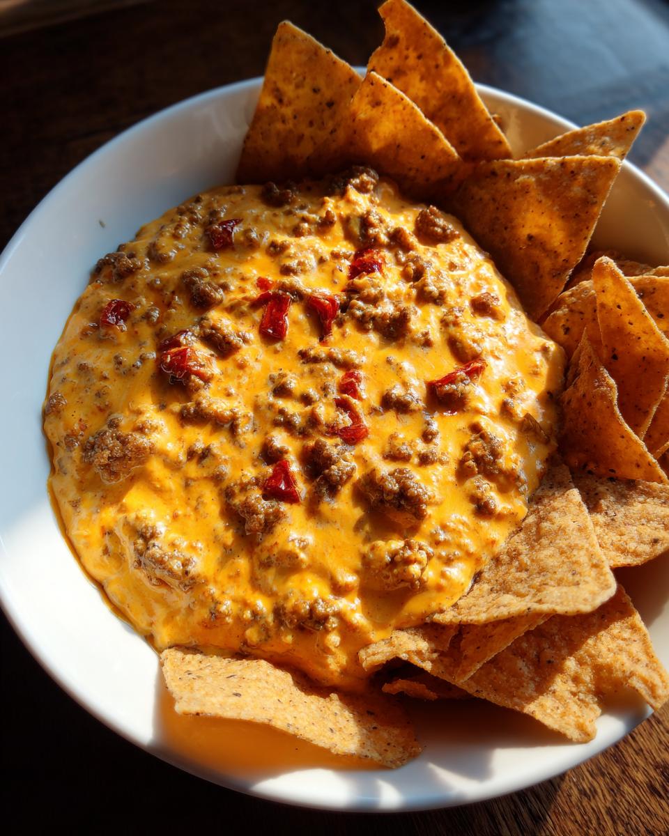 A close-up of creamy, cheesy rotel dip topped with ground beef and diced tomatoes, served in a white bowl surrounded by tortilla chips.