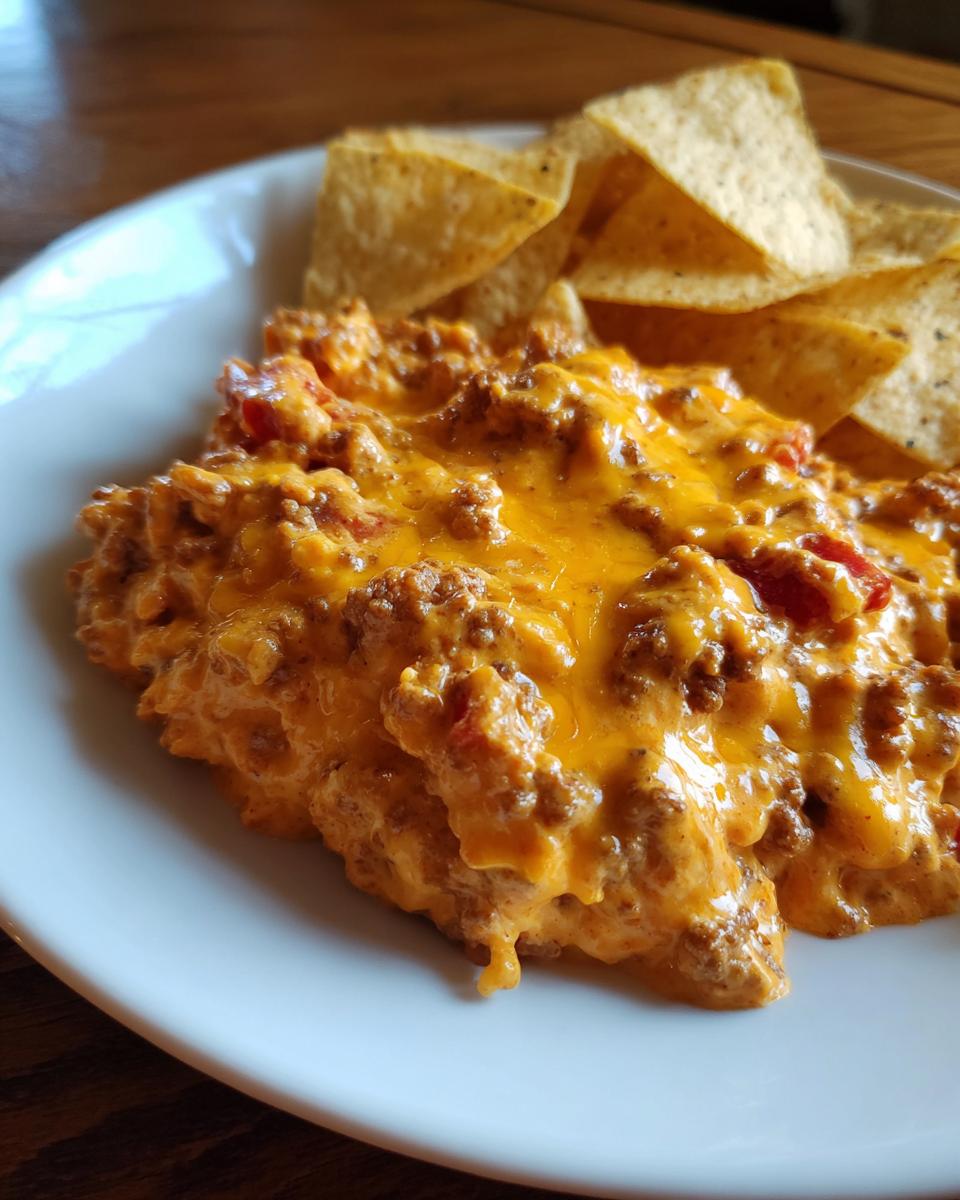 Close-up of creamy, cheesy rotel dip mixed with ground meat and served with tortilla chips on a white plate.