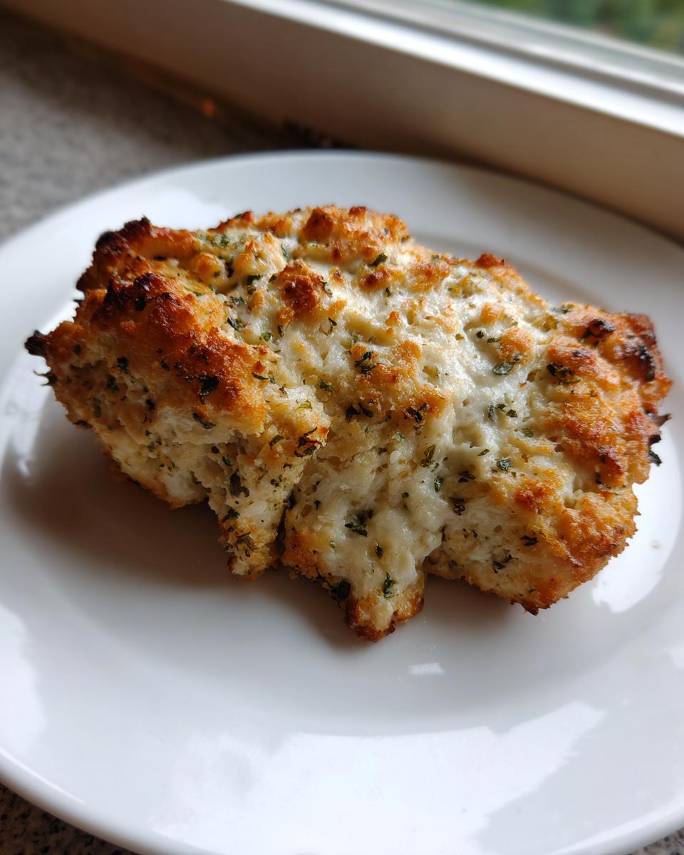 Close-up of a piece of baked ranch chicken showing a golden-brown, cheesy, herb-topped crust.