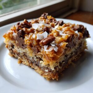 A single, rich square of magic cookie bars topped with pecans, chocolate chips, and coconut flakes.