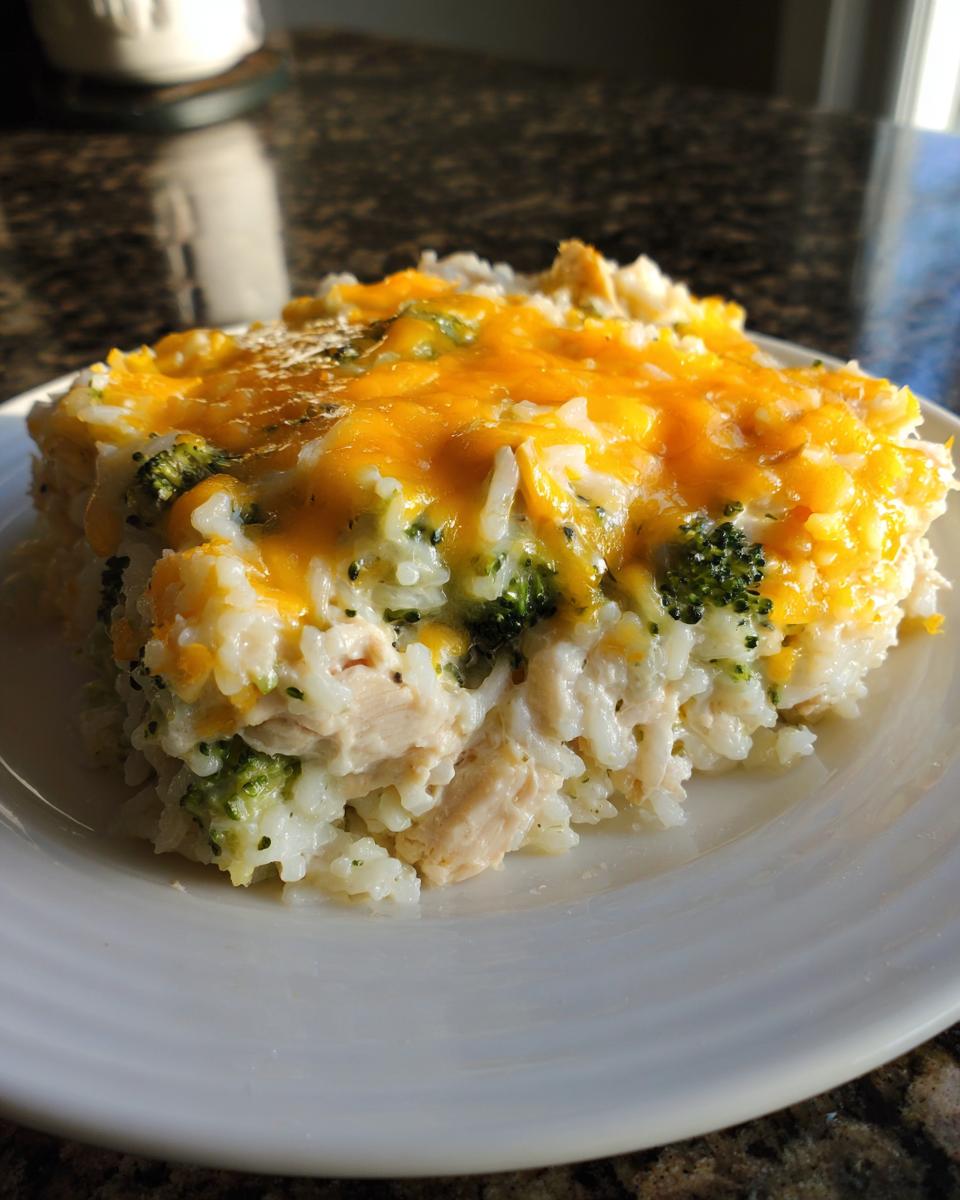A close-up serving of creamy chicken broccoli rice casserole topped with melted cheddar cheese on a white plate.