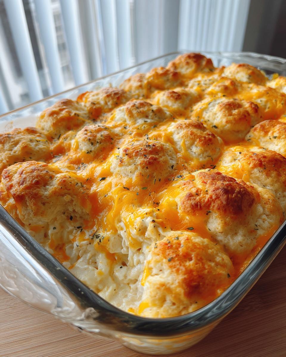 Close-up of a freshly baked chicken bubble biscuit bake casserole topped with melted cheddar cheese and herbs.