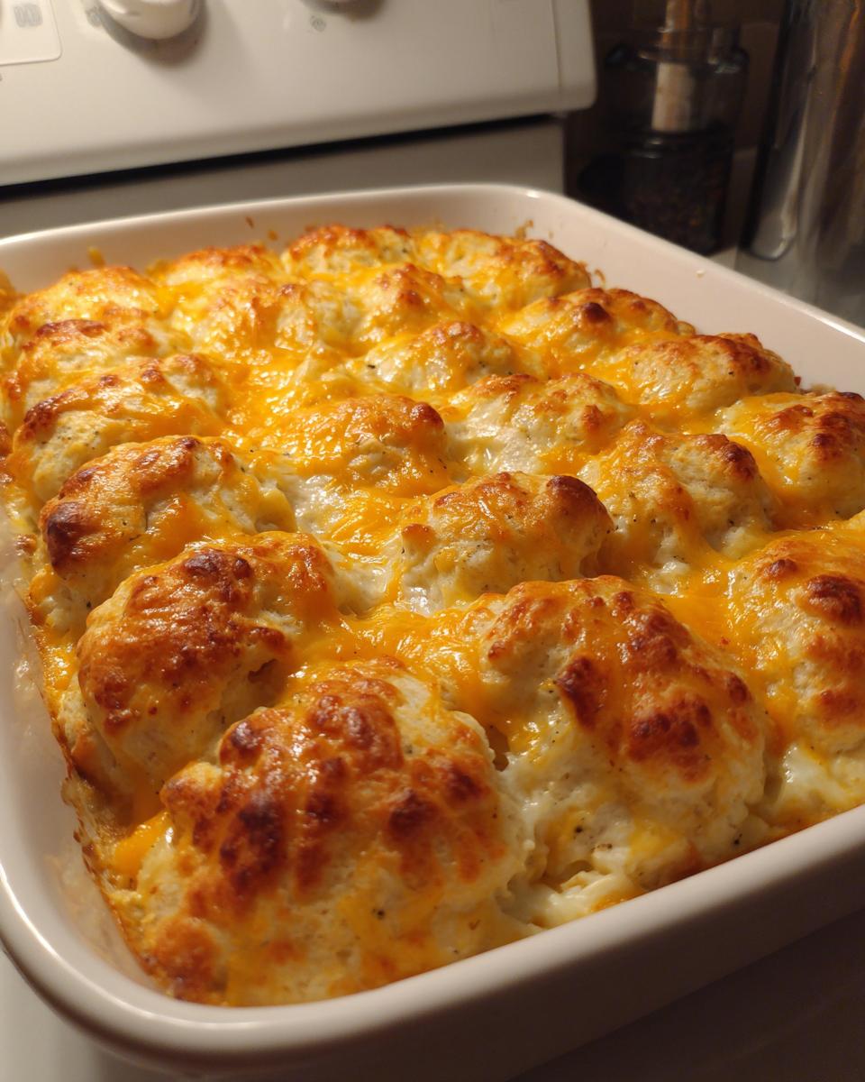 A close-up of a bubbling chicken bubble biscuit bake casserole topped with golden, melted cheddar cheese.