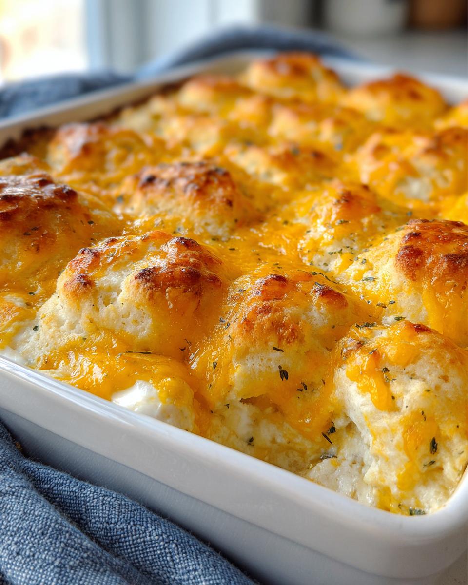 Close-up of a baked chicken bubble biscuit bake casserole topped with melted cheddar cheese.