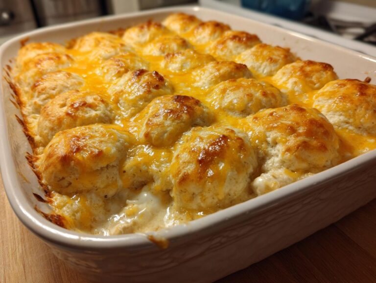 Close-up of a baked chicken bubble biscuit bake casserole topped with melted, golden cheddar cheese.