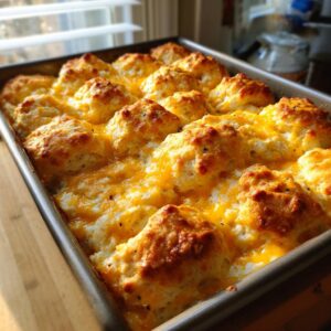 A close-up of a hot chicken bubble biscuit bake casserole topped with melted, golden cheddar cheese in a baking dish.