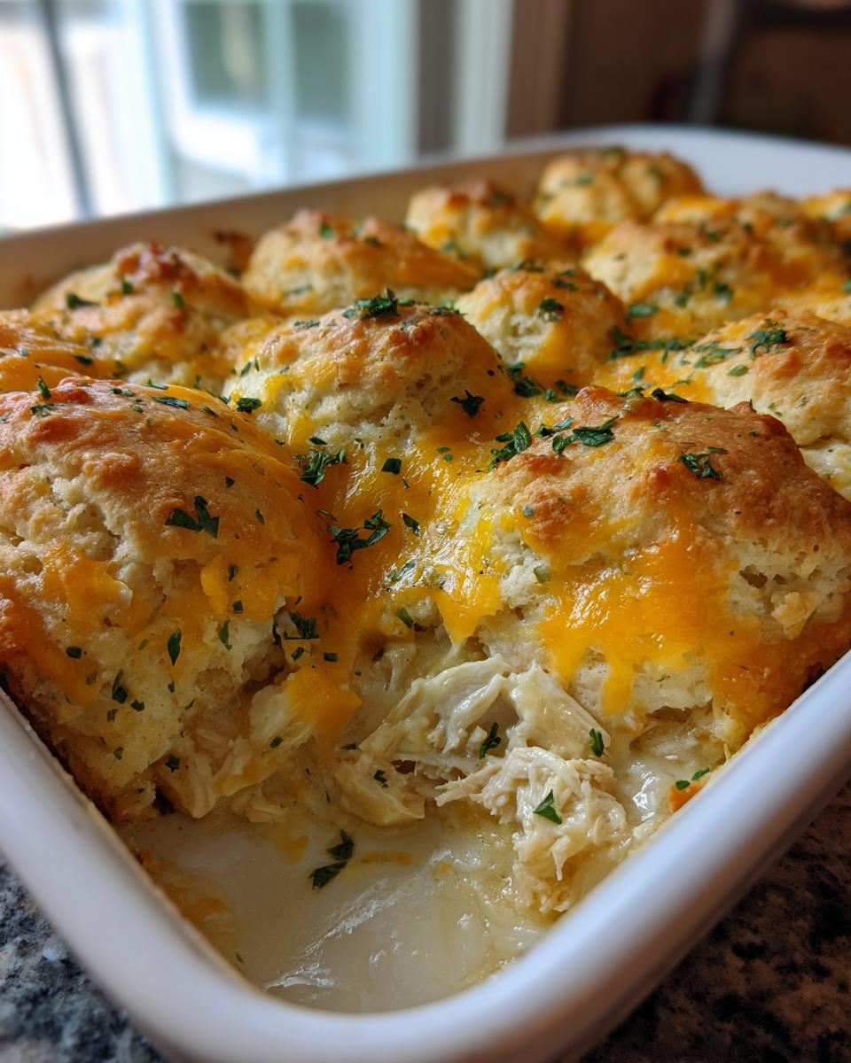 A close-up of the amazing chicken bubble biscuit bake casserole showing shredded chicken filling under golden biscuits and melted cheddar cheese.