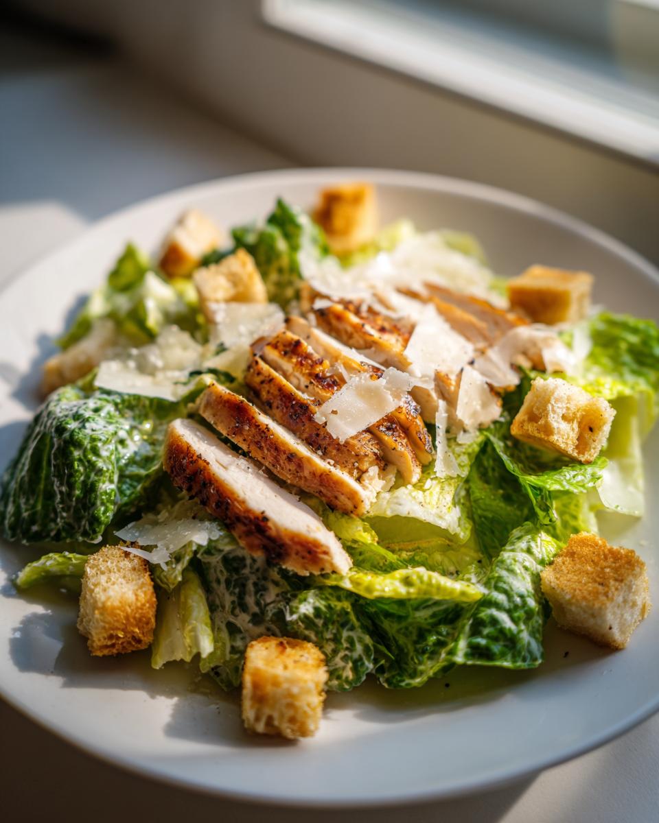 A plate featuring a delicious chicken caesar salad with grilled chicken slices, croutons, and shaved parmesan cheese.