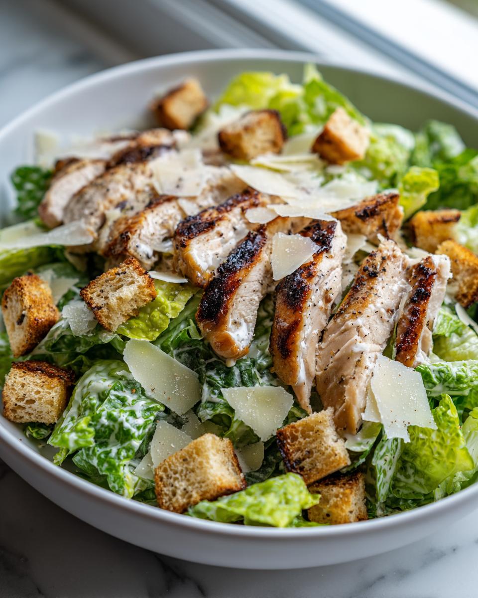 A close-up of a fresh chicken caesar salad featuring grilled, sliced chicken breast, romaine lettuce, croutons, and shaved Parmesan cheese.