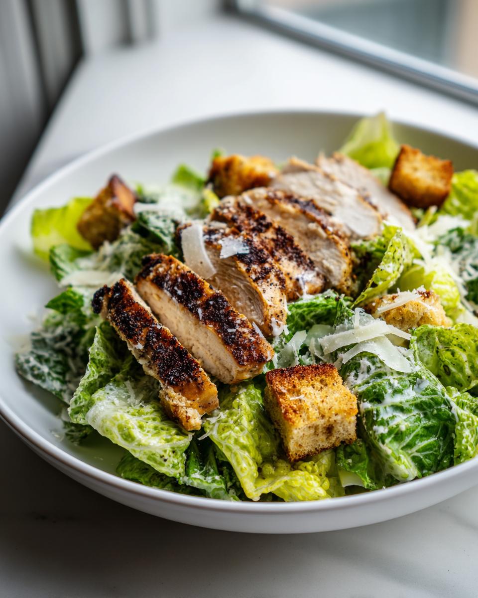 Close-up of a hearty chicken caesar salad featuring grilled, sliced chicken breast, romaine lettuce, croutons, and shaved Parmesan.