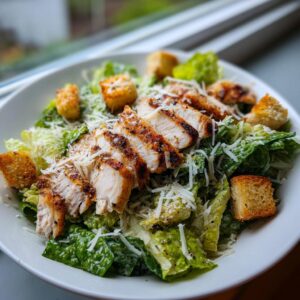 Close-up of a fresh caesar salad topped with sliced grilled chicken breast, croutons, and grated Parmesan cheese.