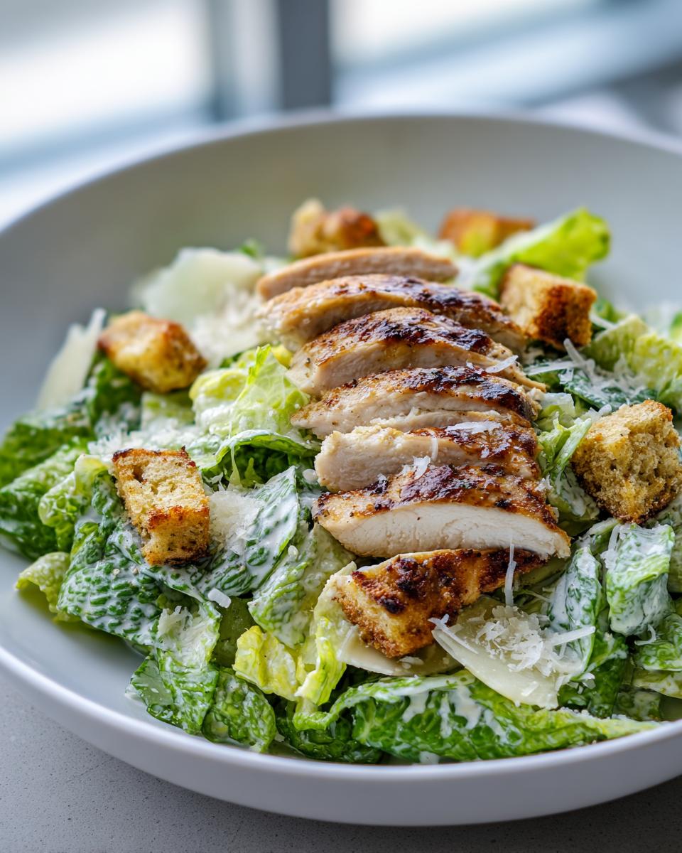 Close-up of a bowl featuring a fresh chicken caesar salad with grilled chicken slices, croutons, and Parmesan cheese.