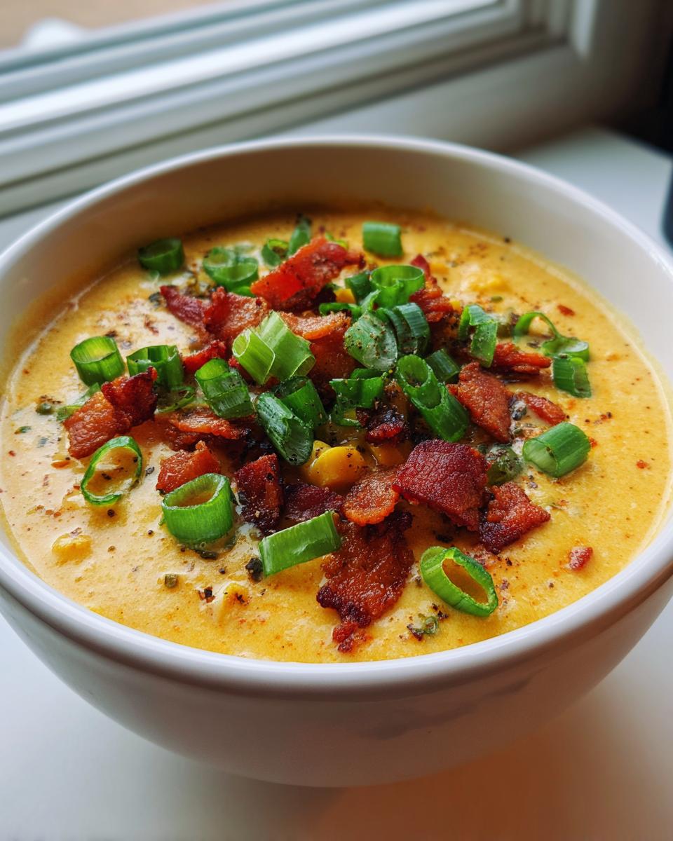 A close-up of a bowl of rich, creamy chicken corn chowder topped generously with crispy bacon pieces and fresh green onions.