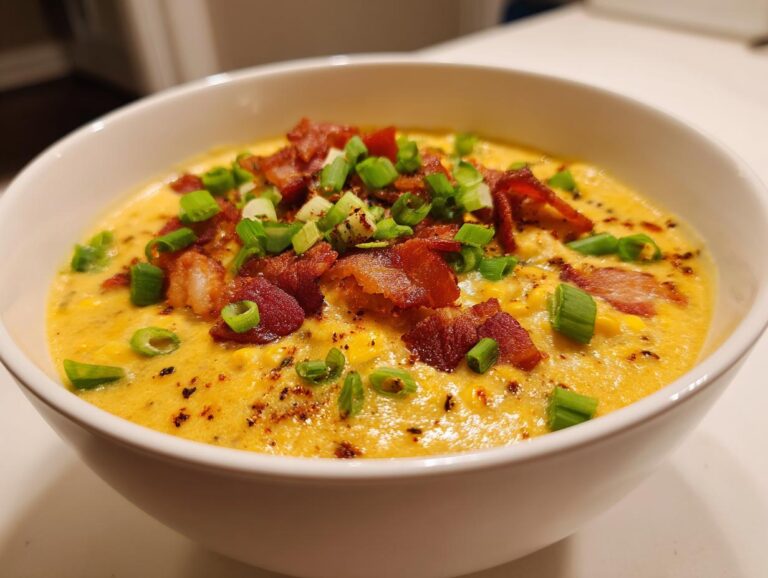 Close-up of a bowl of thick, creamy chicken corn chowder garnished generously with crispy bacon bits and fresh green onions.