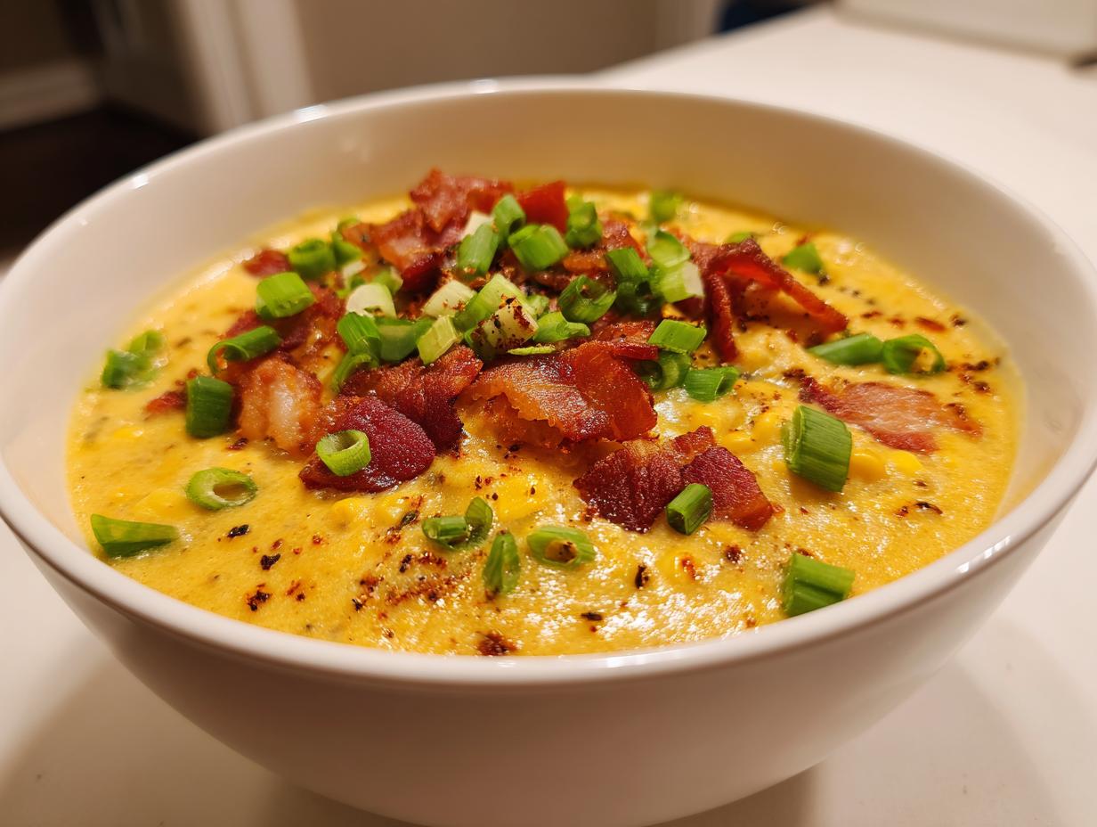 Close-up of a bowl of thick, creamy chicken corn chowder garnished generously with crispy bacon bits and fresh green onions.