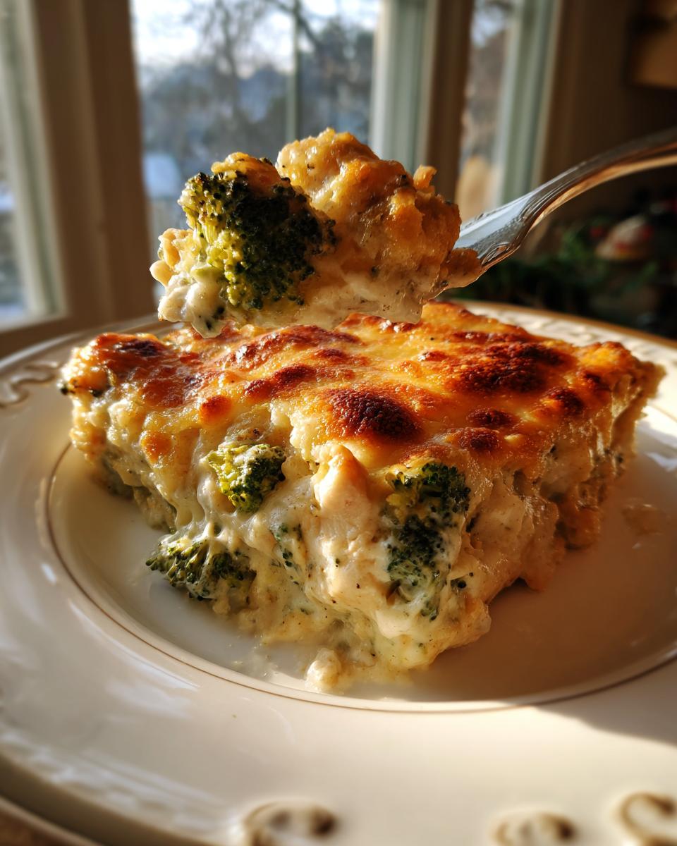 A fork lifts a bite of creamy Chicken Divan casserole topped with melted, browned cheese and broccoli florets.