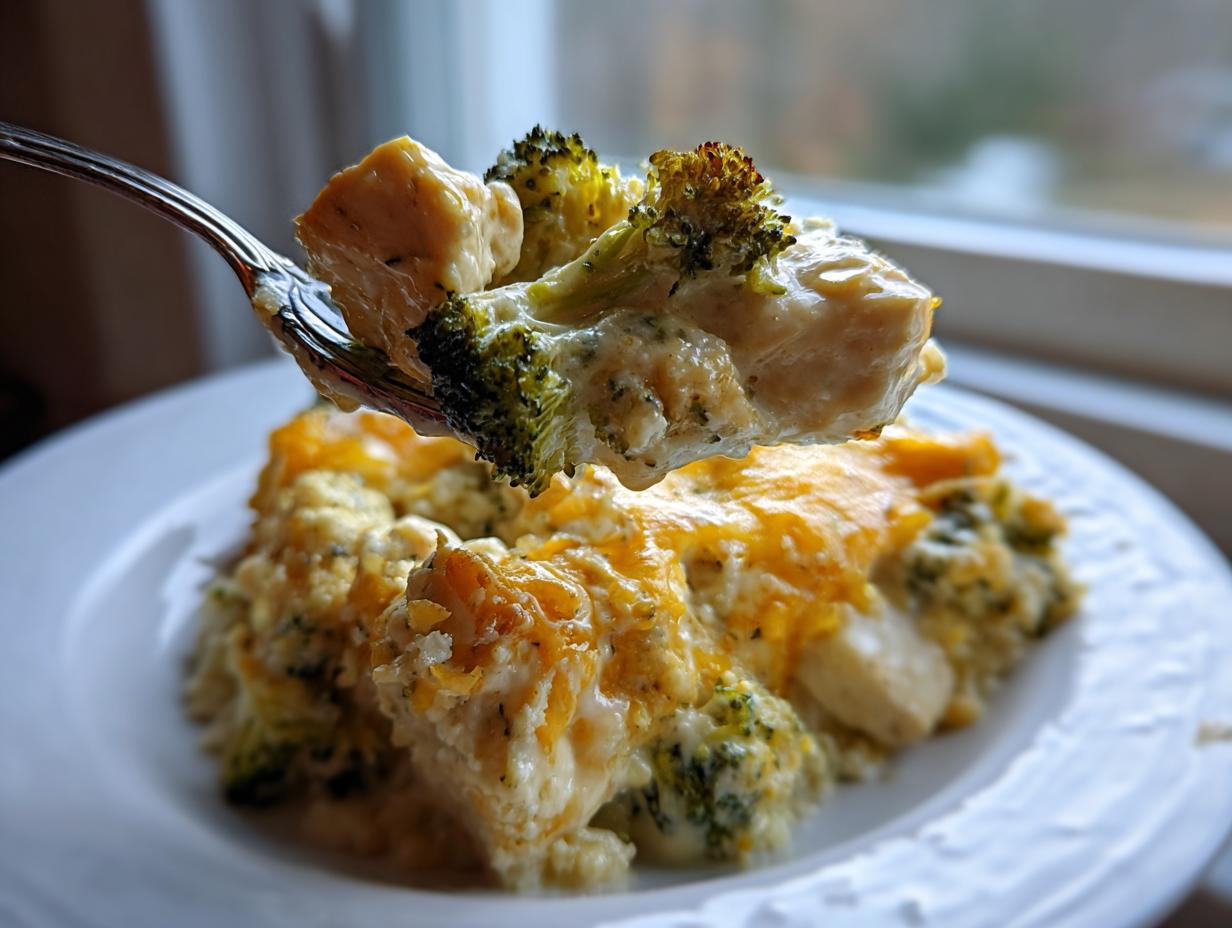 A fork lifting a bite of creamy Chicken Divan, showing chunks of chicken and broccoli covered in cheese sauce.