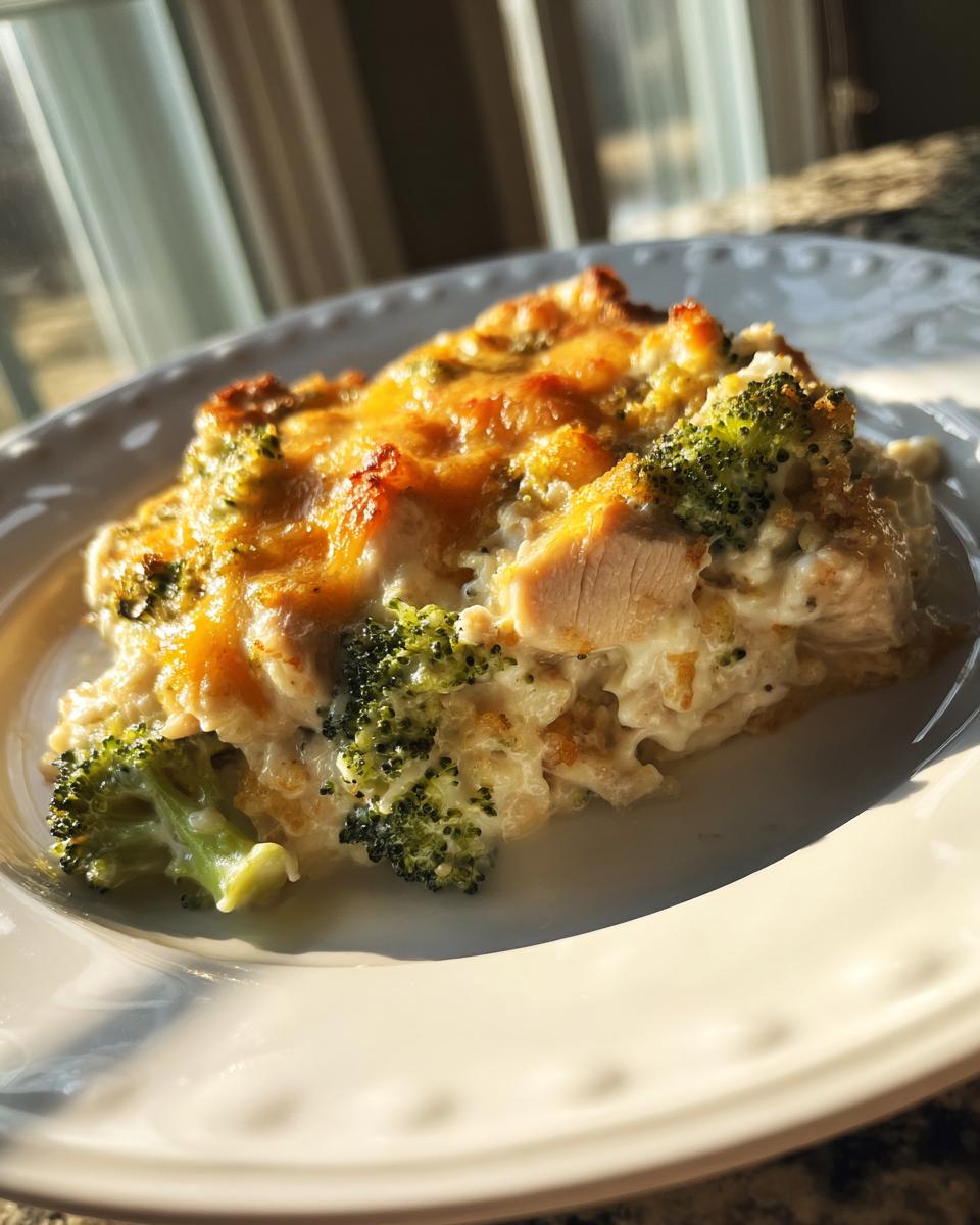 A close-up serving of creamy Chicken Divan casserole topped with melted cheddar cheese and bright green broccoli florets.
