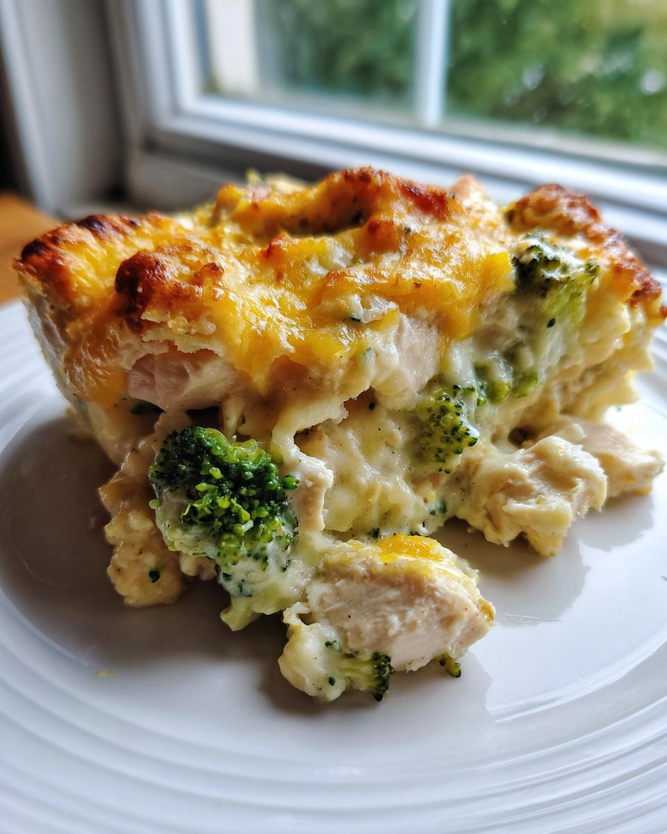 A close-up serving of creamy Chicken Divan casserole featuring chunks of chicken, bright green broccoli, and a golden, bubbly cheese topping.