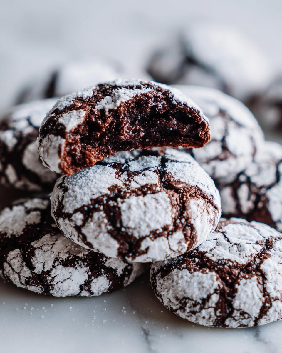 A stack of rich, dark chocolate crinkle cookies dusted heavily with powdered sugar, one cookie broken open to show the fudgy interior.