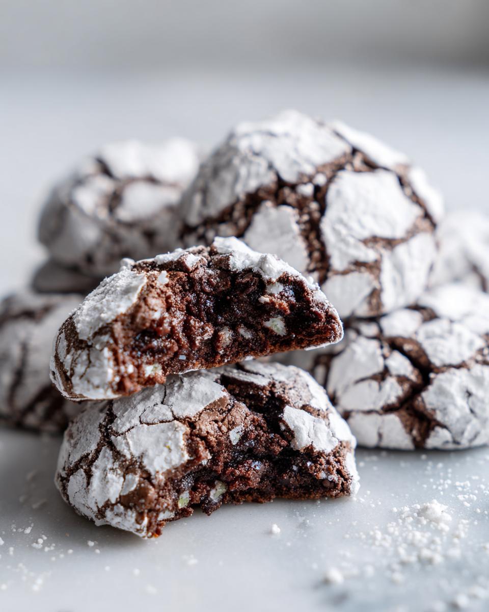 A stack of rich chocolate crinkle cookies, one broken in half showing the fudgy interior and powdered sugar coating.