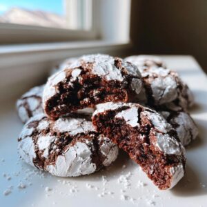 A pile of rich, dark chocolate crinkle cookies dusted heavily with powdered sugar, one cookie broken in half showing the fudgy interior.
