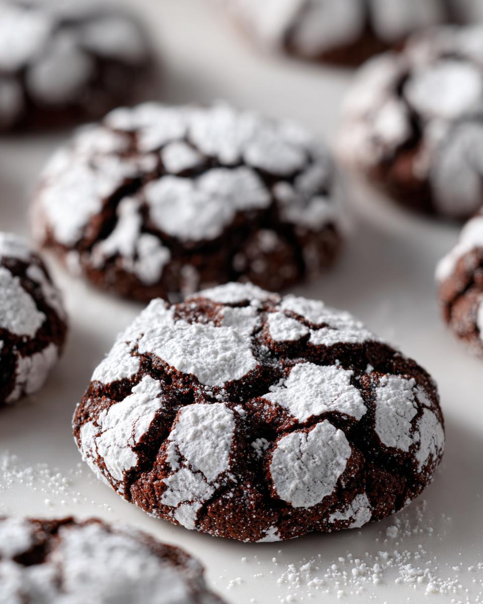 A close-up, shallow depth-of-field photo of rich, dark chocolate crinkle cookies heavily dusted with white powdered sugar.