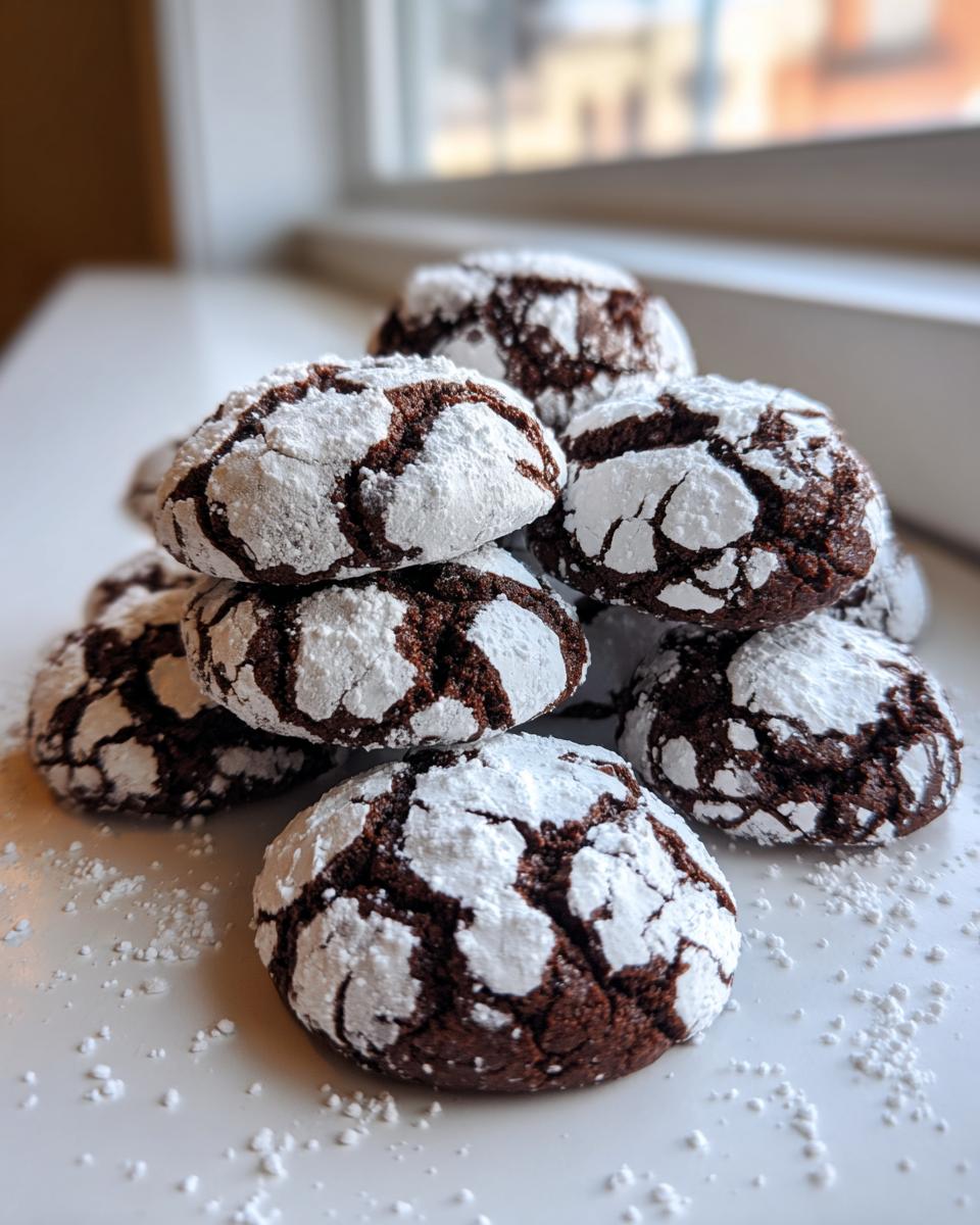 A stack of rich, dark chocolate crinkle cookies heavily dusted with white powdered sugar.