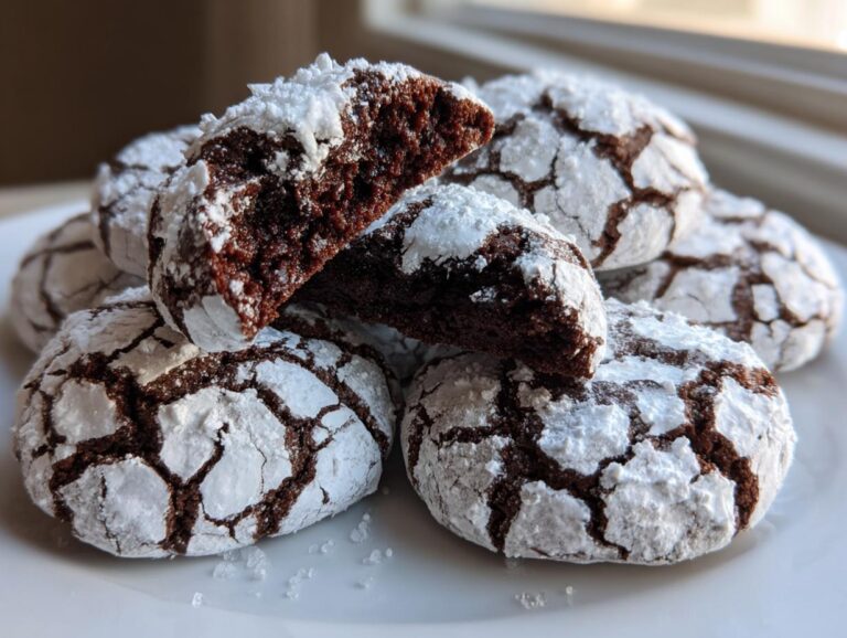 A stack of rich, dark chocolate crinkle cookies heavily dusted with powdered sugar, one cookie broken open to show the soft interior.