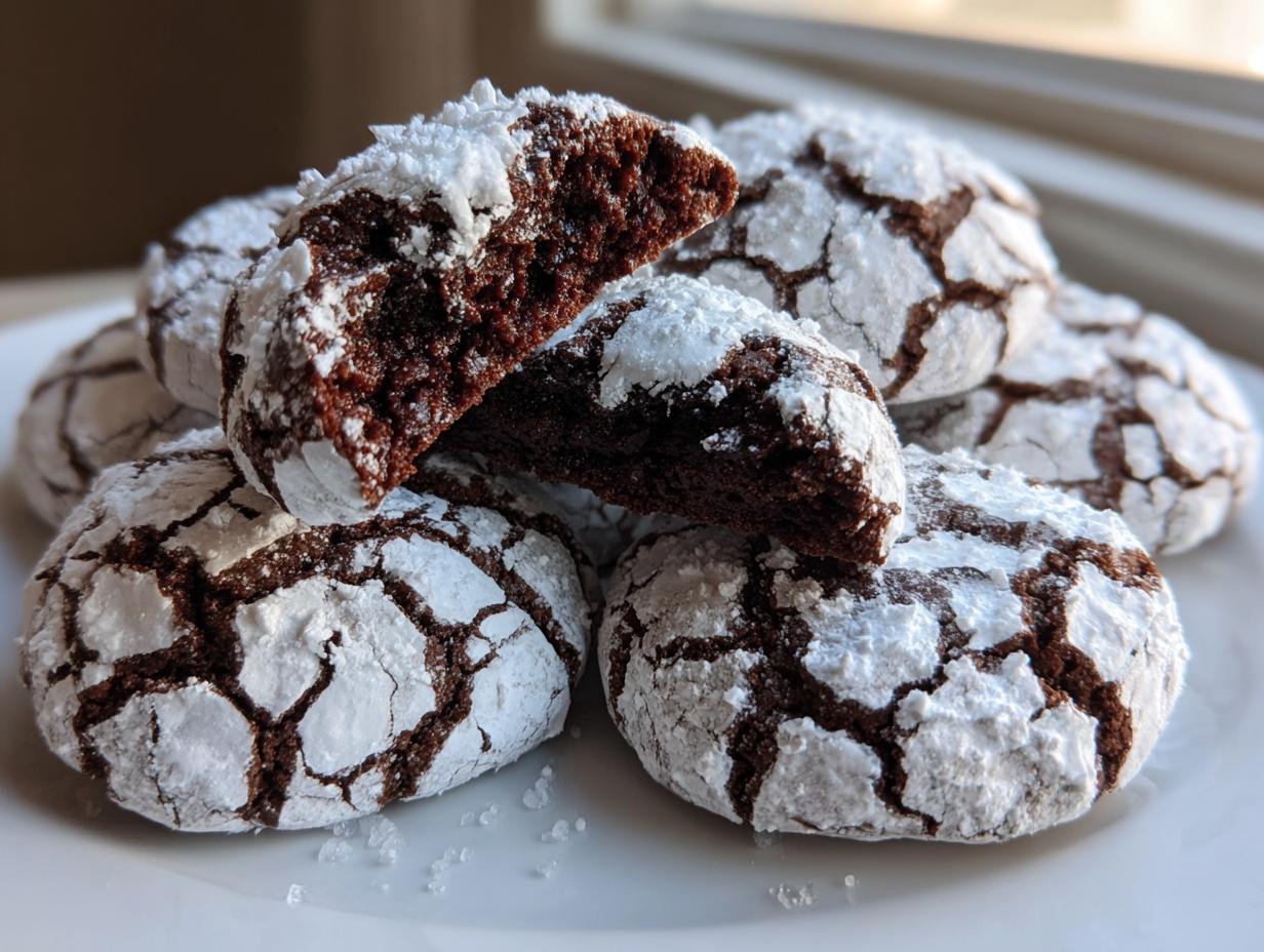 A stack of rich, dark chocolate crinkle cookies heavily dusted with powdered sugar, one cookie broken open to show the soft interior.