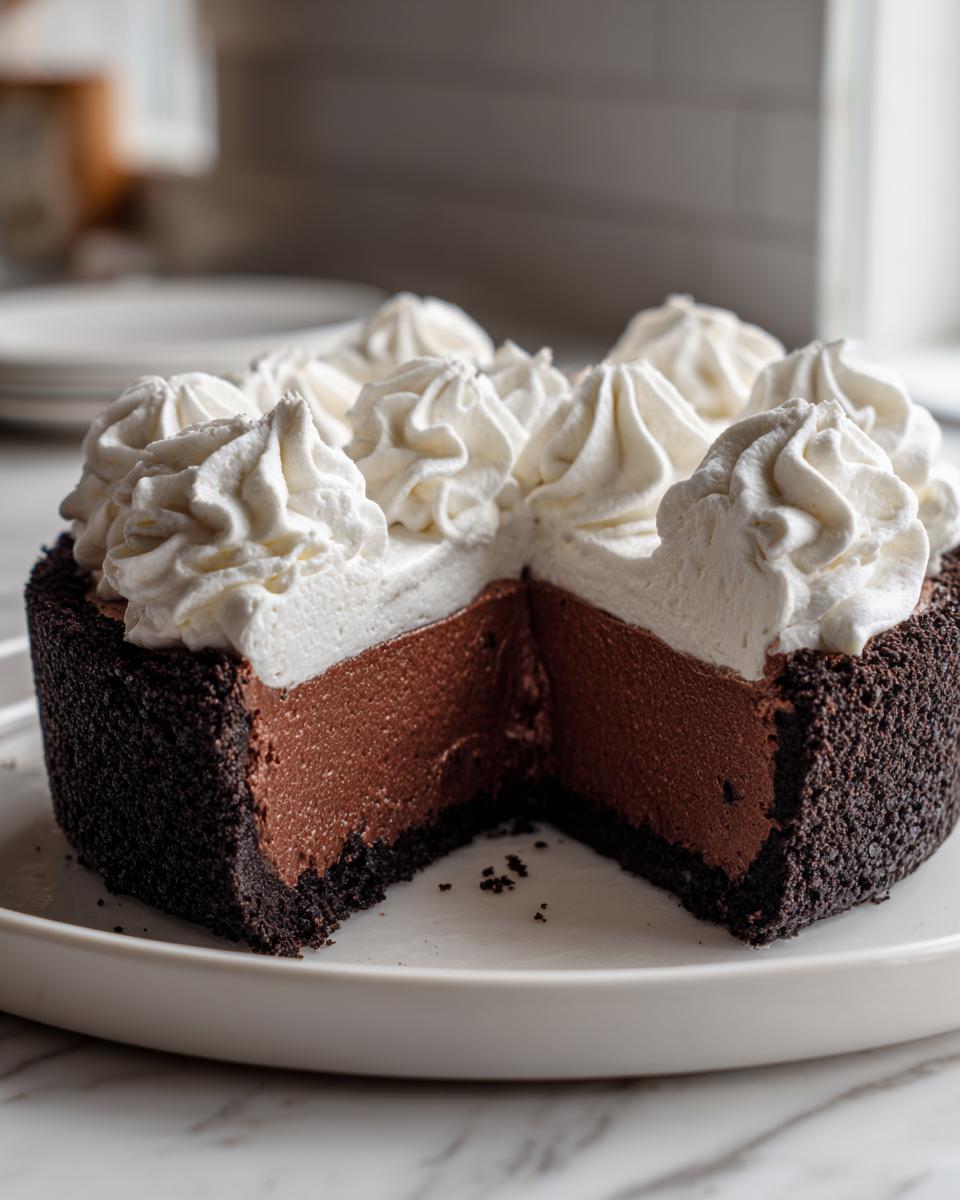 A decadent chocolate mousse pie with a dark crust, rich filling, and whipped cream dollops, with one slice removed.